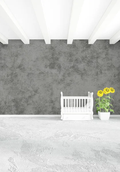 Beyaz yatak odası en az stil iç tasarım ahşap duvar ve gri Kanepeli. 3D render.