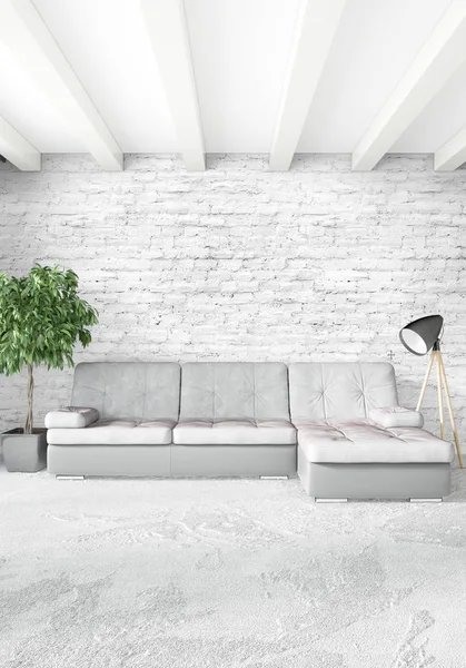 Beyaz yatak odası en az stil iç tasarım ahşap duvar ve gri Kanepeli. 3D render.