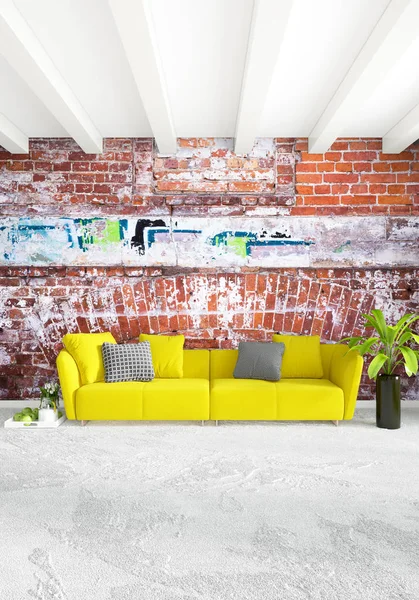 Kamar tidur modern sofa kuning mewah gaya minimal Loteng interior desain dengan dinding eklektik. Perenderan 3D . — Stok Foto
