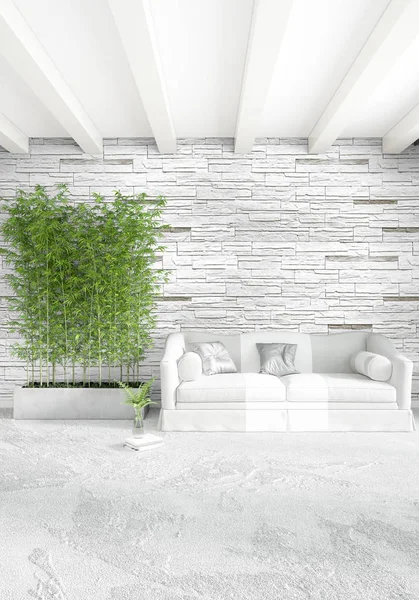 Beyaz yatak odası en az stil iç tasarım ahşap duvar ve gri Kanepeli. 3D render.