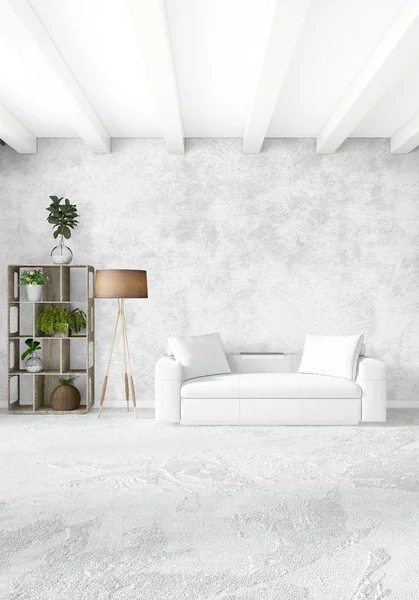 Dormitorio blanco de estilo minimalista Diseño interior con pared de madera y sofá gris. Renderizado 3D . — Foto de Stock
