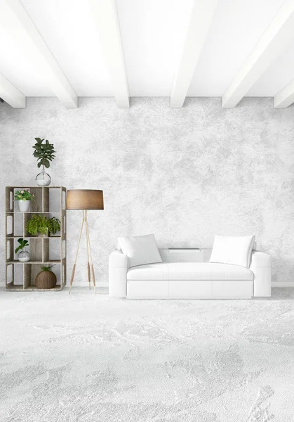 Beyaz yatak odası en az stil iç tasarım ahşap duvar ve gri Kanepeli. 3D render.