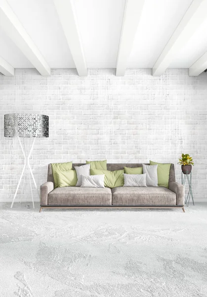 Beyaz yatak odası en az stil iç tasarım ahşap duvar ve gri Kanepeli. 3D render.