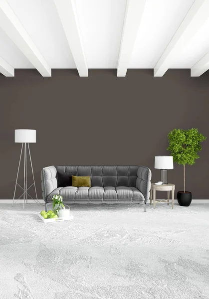 Beyaz yatak odası en az stil iç tasarım ahşap duvar ve gri Kanepeli. 3D render.