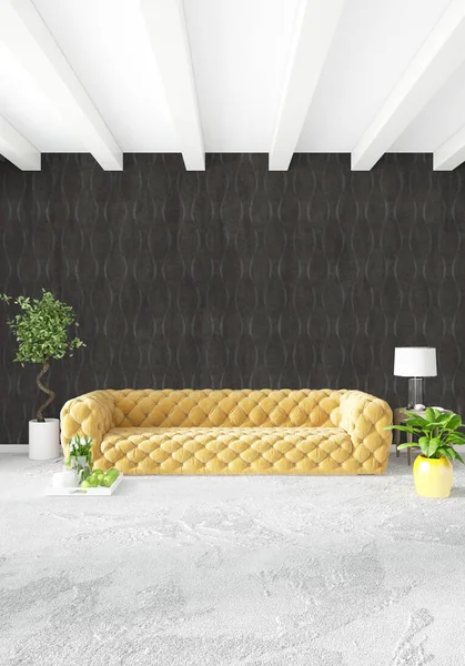 Beyaz yatak odası en az stil iç tasarım ahşap duvar ve gri Kanepeli. 3D render.