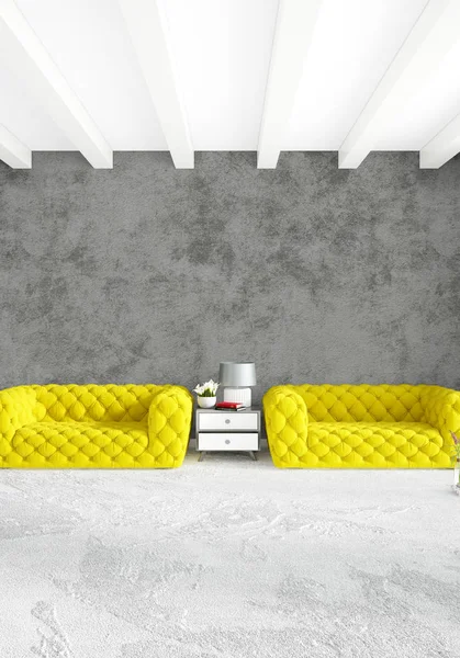 Sofá moderno dormitorio amarillo de lujo de estilo minimalista Diseño de loft interior con pared ecléctica. Renderizado 3D . — Foto de Stock