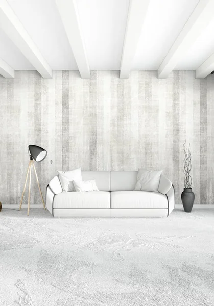 白色卧室最小风格室内设计，木墙和灰色的沙发。3d 渲染. — 图库照片