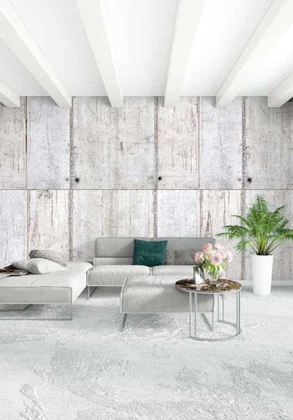 Beyaz yatak odası en az stil iç tasarım ahşap duvar ve gri Kanepeli. 3D render.