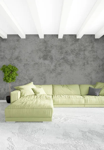 Beyaz yatak odası en az stil iç tasarım ahşap duvar ve gri Kanepeli. 3D render.