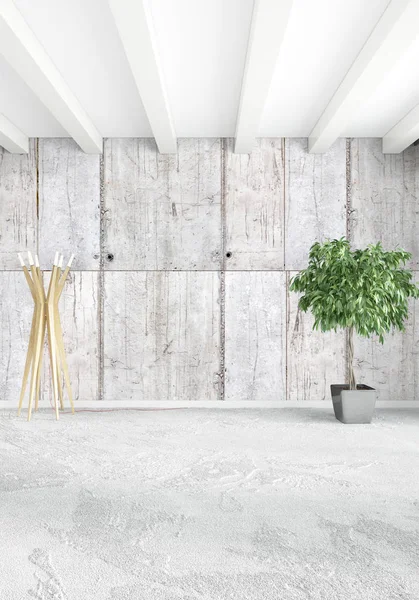 Beyaz yatak odası en az stil iç tasarım ahşap duvar ve gri Kanepeli. 3D render.