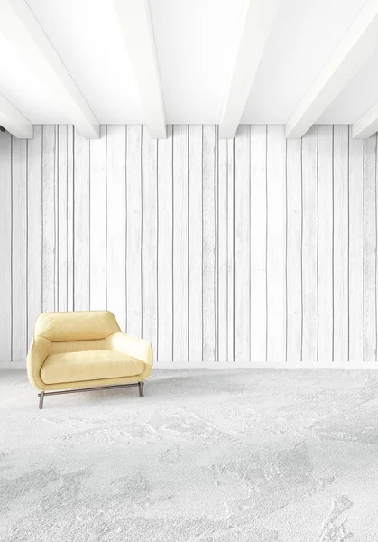 Modern yatak odası sarı kanepe lüks en az tarzı iç çatı tasarımı ile eklektik duvar. 3D render.