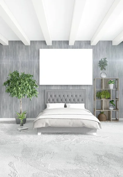 Beyaz yatak odası en az stil iç tasarım ahşap duvar ve gri Kanepeli. 3D render.