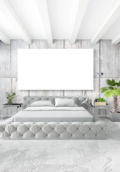 Beyaz yatak odası en az stil iç tasarım ahşap duvar ve gri Kanepeli. 3D render.