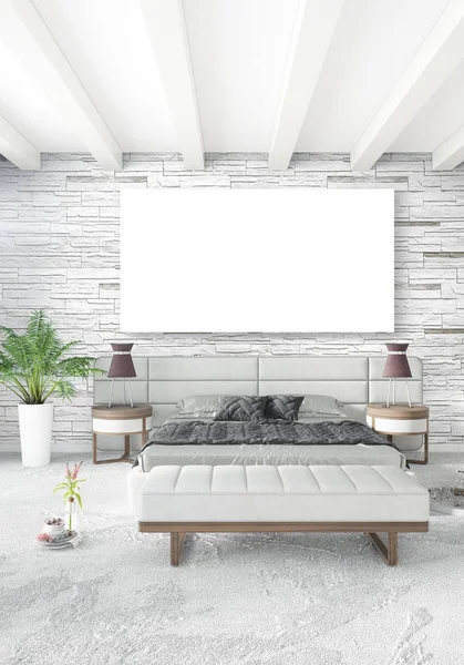 Beyaz yatak odası en az stil iç tasarım ahşap duvar ve gri Kanepeli. 3D render.