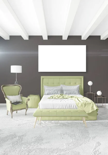 Beyaz yatak odası en az stil iç tasarım ahşap duvar ve gri Kanepeli. 3D render.