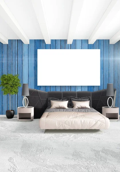 Beyaz yatak odası en az stil iç tasarım ahşap duvar ve gri Kanepeli. 3D render.