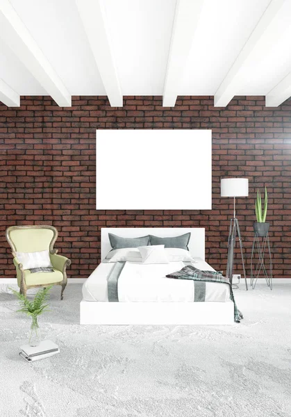 White bedroom minimal style Interior design with wood wall and grey sofa. 3D Rendering. — Stock Photo, Image