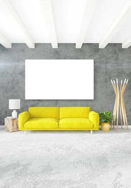 Modernes Schlafzimmer gelbes Sofa Luxus minimalen Stil Loft-Design mit eklektischer Wand. 3D-Darstellung. — Stockfoto