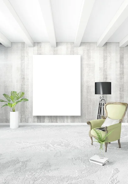 Beyaz yatak odası en az stil iç tasarım ahşap duvar ve gri Kanepeli. 3D render.