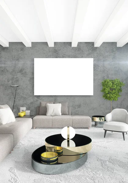 Beyaz yatak odası en az stil iç tasarım ahşap duvar ve gri Kanepeli. 3D render.