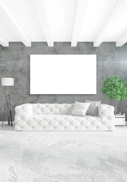 Beyaz yatak odası en az stil iç tasarım ahşap duvar ve gri Kanepeli. 3D render.