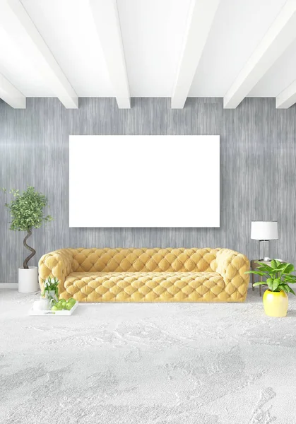 Modern yatak odası sarı kanepe lüks en az tarzı iç çatı tasarımı ile eklektik duvar. 3D render.