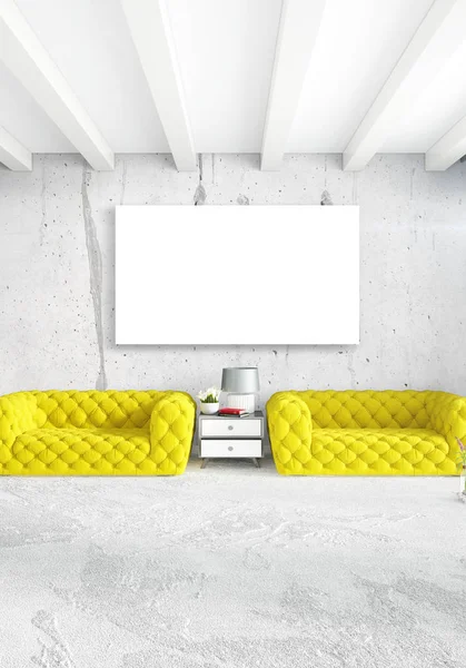 Beyaz yatak odası en az stil iç tasarım ahşap duvar ve gri Kanepeli. 3D render.