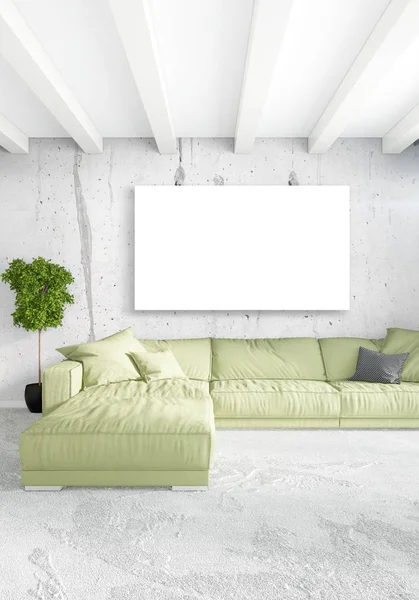 Beyaz yatak odası en az stil iç tasarım ahşap duvar ve gri Kanepeli. 3D render.