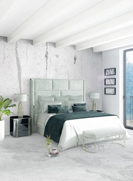 Beyaz yatak odası en az stil iç tasarım ahşap duvar ve gri Kanepeli. 3D render.