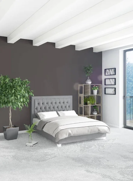 Beyaz yatak odası en az stil iç tasarım ahşap duvar ve gri Kanepeli. 3D render.