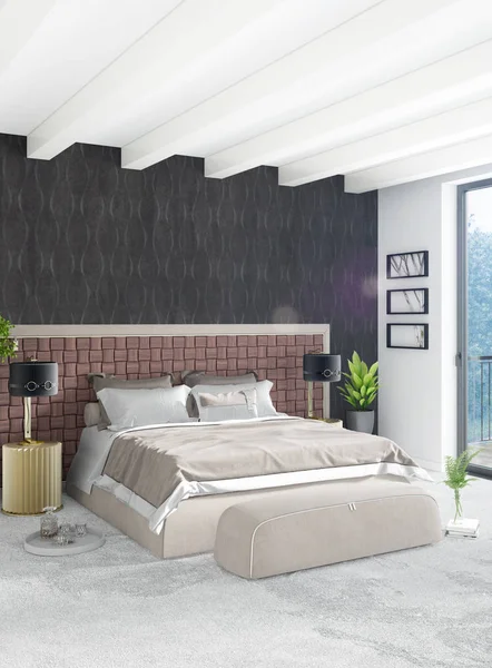 Quarto branco estilo mínimo Design de interiores com parede de madeira e sofá cinza. Renderização 3D . — Fotografia de Stock