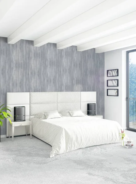 Camera da letto bianca dallo stile minimale Interior design con parete in legno e divano grigio. Rendering 3D . — Foto Stock
