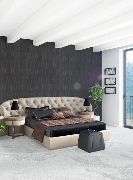 Beyaz yatak odası en az stil iç tasarım ahşap duvar ve gri Kanepeli. 3D render.