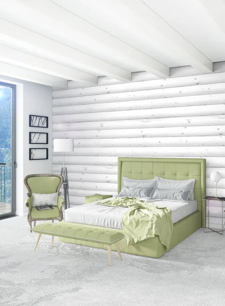 Στυλ minimal λευκό υπνοδωμάτιο εσωτερικό σχεδιασμό με ξύλινα τοίχων και γκρι καναπέ. 3D rendering. — Φωτογραφία Αρχείου