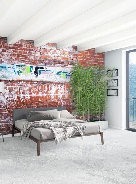 Beyaz yatak odası en az stil iç tasarım ahşap duvar ve gri Kanepeli. 3D render.