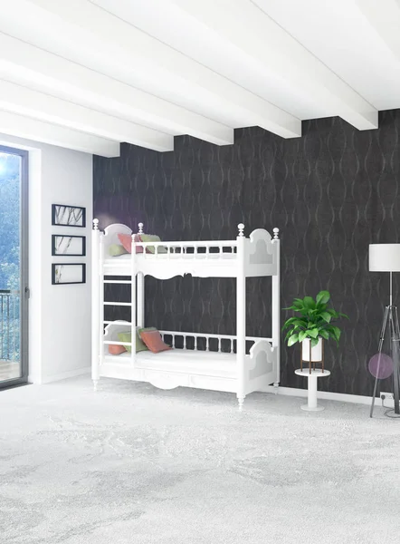 Beyaz yatak odası en az stil iç tasarım ahşap duvar ve gri Kanepeli. 3D render.