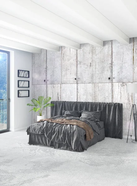 Beyaz yatak odası en az stil iç tasarım ahşap duvar ve gri Kanepeli. 3D render.
