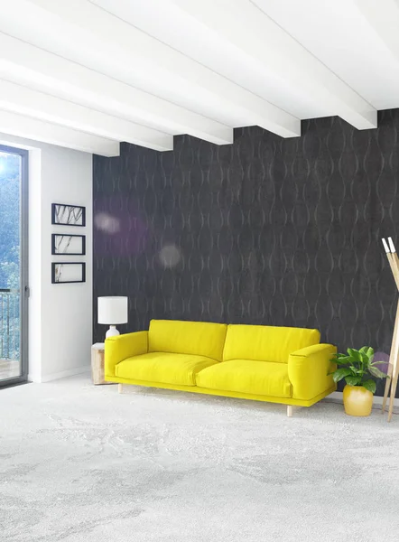 Beyaz yatak odası en az stil iç tasarım ahşap duvar ve gri Kanepeli. 3D render.