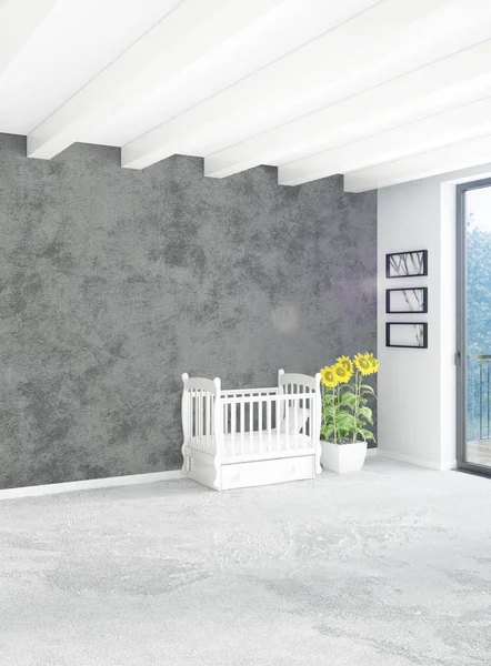 Beyaz yatak odası en az stil iç tasarım ahşap duvar ve gri Kanepeli. 3D render.