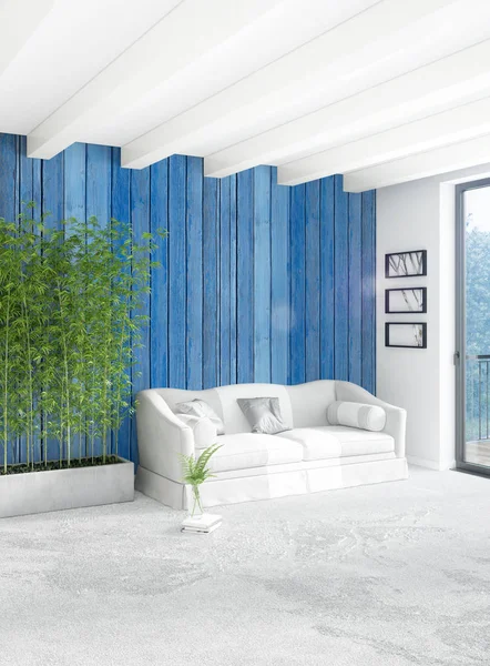 Beyaz yatak odası en az stil iç tasarım ahşap duvar ve gri Kanepeli. 3D render.