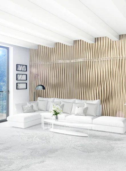 Beyaz yatak odası en az stil iç tasarım ahşap duvar ve gri Kanepeli. 3D render.