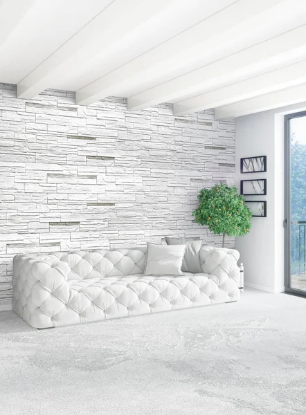 Beyaz yatak odası en az stil iç tasarım ahşap duvar ve gri Kanepeli. 3D render.