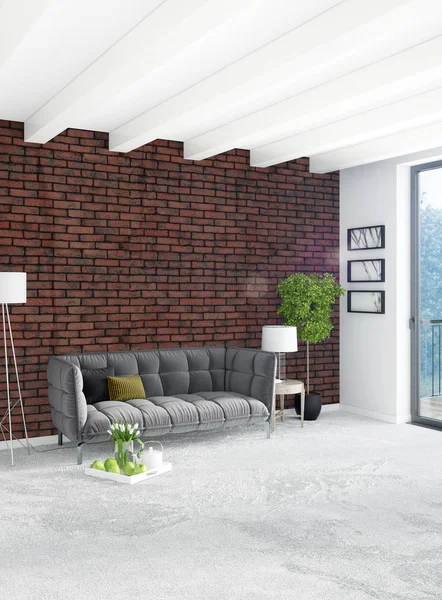 Beyaz yatak odası en az stil iç tasarım ahşap duvar ve gri Kanepeli. 3D render.