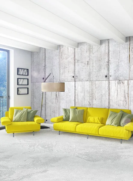 Beyaz yatak odası en az stil iç tasarım ahşap duvar ve gri Kanepeli. 3D render.