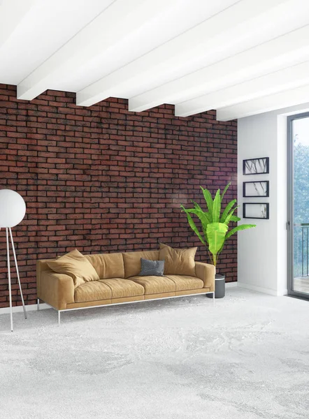 Beyaz yatak odası en az stil iç tasarım ahşap duvar ve gri Kanepeli. 3D render.