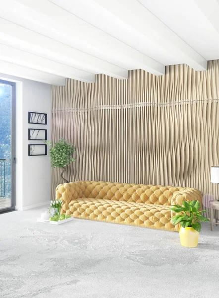 Beyaz yatak odası en az stil iç tasarım ahşap duvar ve gri Kanepeli. 3D render.