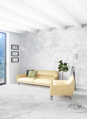 Beyaz yatak odası en az stil iç tasarım ahşap duvar ve gri Kanepeli. 3D render.