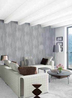 Beyaz yatak odası en az stil iç tasarım ahşap duvar ve gri Kanepeli. 3D render.