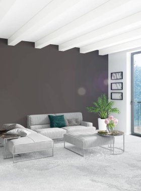 Beyaz yatak odası en az stil iç tasarım ahşap duvar ve gri Kanepeli. 3D render.