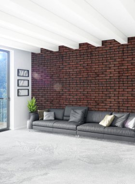 Beyaz yatak odası en az stil iç tasarım ahşap duvar ve gri Kanepeli. 3D render.